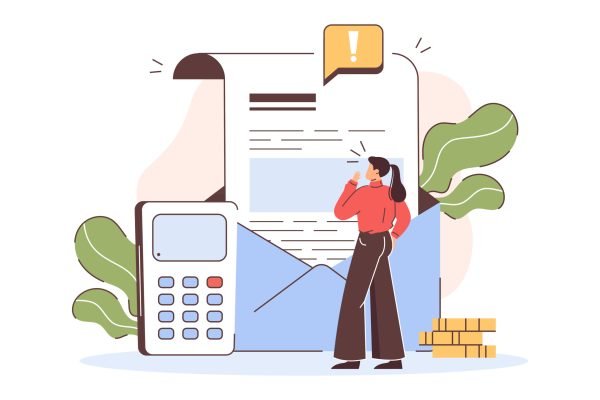 Flat woman with credit debts and overdue bills Flat worried woman have list of credit debts and overdue bills. Girl reading letter from collection agency about financial problems, loans and unpaid tax. Calculation and payment of expenses concept.